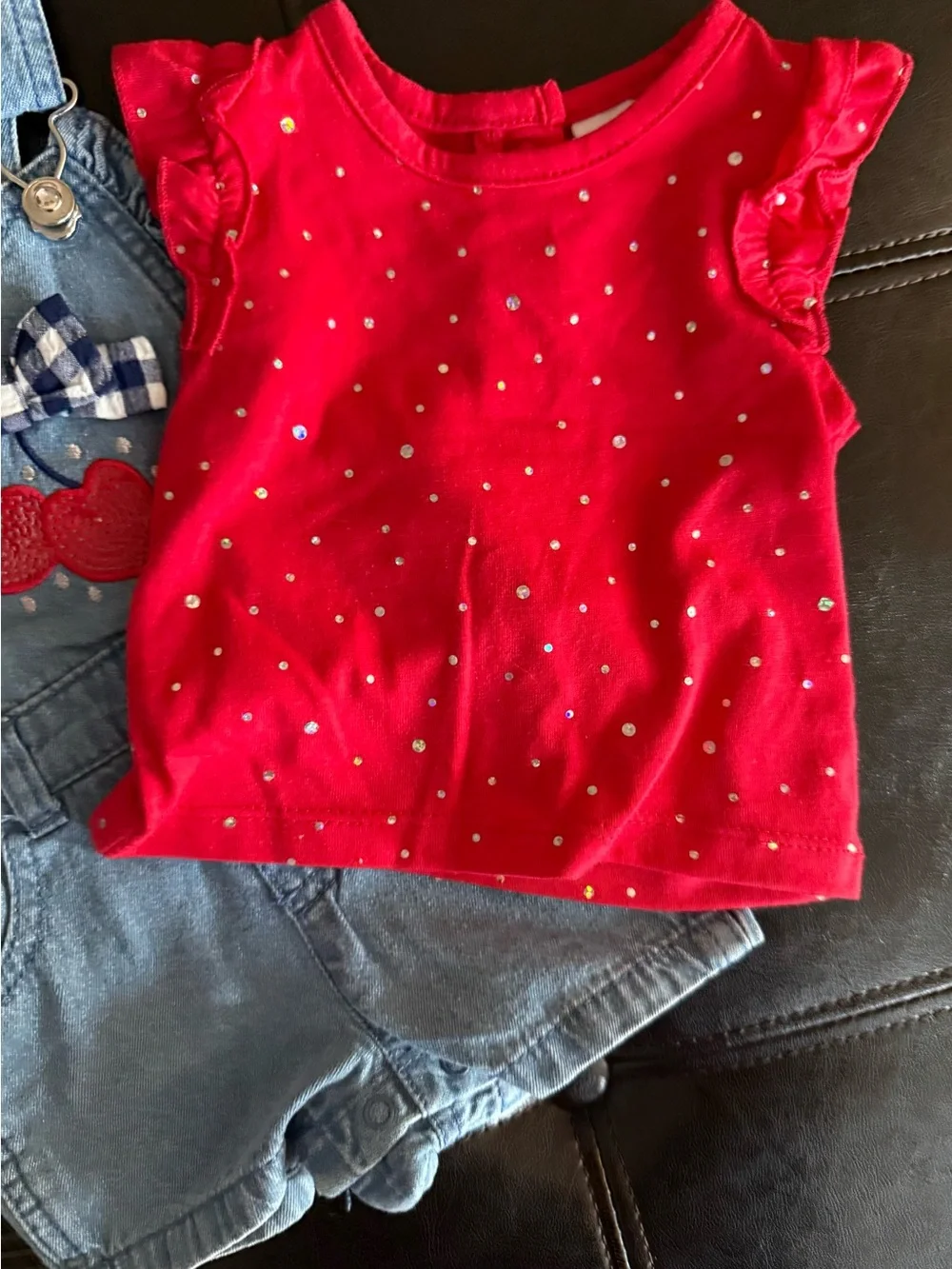 Little Lass Denim Cherry Shortalls with Red Tee - Picture 4 of 7